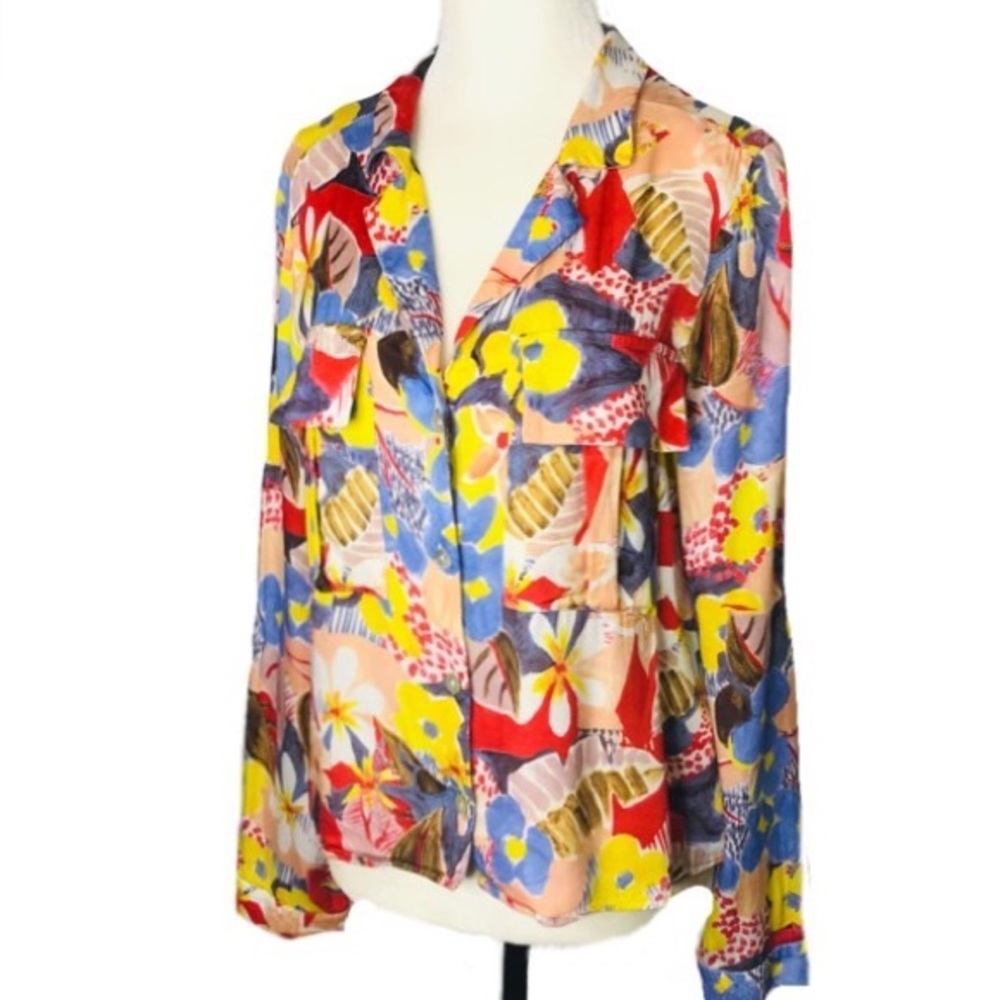 ZARA Woman's Medium Bright Multi-Color  Floral Long Sleeve Blouse Top